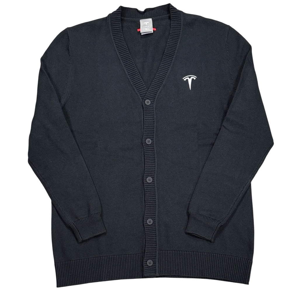 Tesla Motors Logo Cardigan Sweater Men’s Medium Black Button V Neck New No Tags